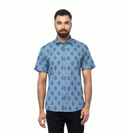 Slate Blue Printed Cotton Shirt For Men