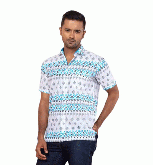 Bottle Green/Cyan Printed Cotton Shirt For Men