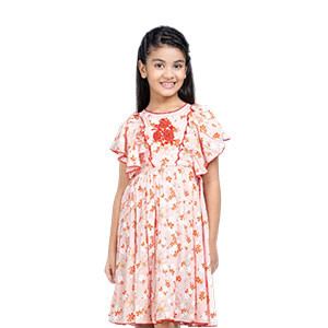 Kids Frocks - Peach Printed and Embroidered Linen Frock