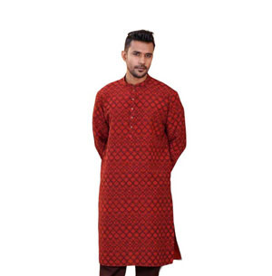 Short Panjabi  -  Red color printed linen cotton Panjabi