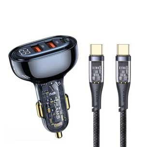 USAMS Ice Series 80W 3-Port Transparent Car Charger with 100W Type-C Cable