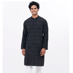 Black Semi Fitted Slab Viscose Panjabi