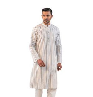 Long Panjabi -  Off White Cotton Printed Panjabi