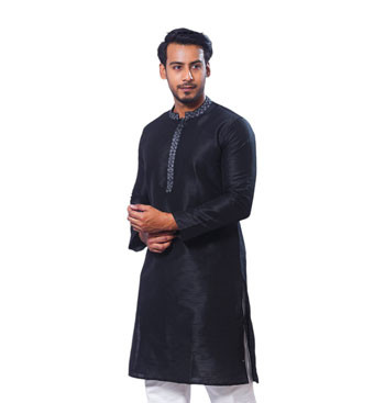Short Panjabi - Best Quality Black Silk Embroidered Panjabi