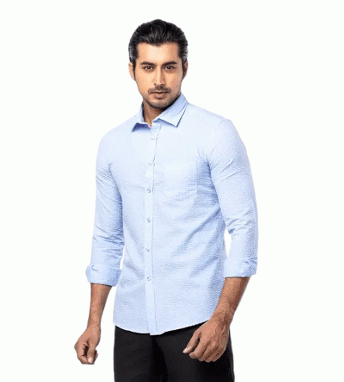 Blue Striped Cotton Fitted Shirt For Men