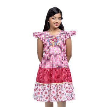 Kids Frocks  - White/Pink Check and Printed Cotton Frock