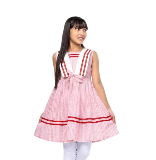 Kids Frocks - White/Red Printed Cotton Frock