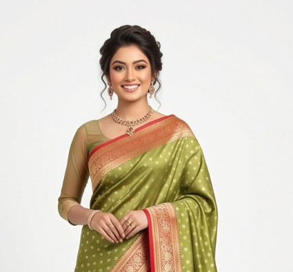 Olive Green Banarasi Silk Sharee with Contrast Red Zari Border