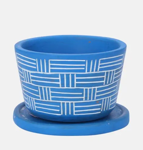 Pottery Showpiece  -  Blue Clay Plant Pot with Plate