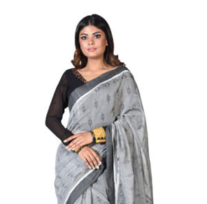 Half Silk - Ash Half Silk Printed Sharee