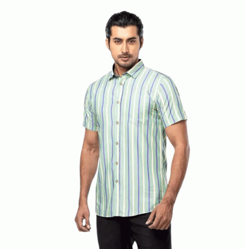 Green Striped Cotton Fitted Shirt For Men