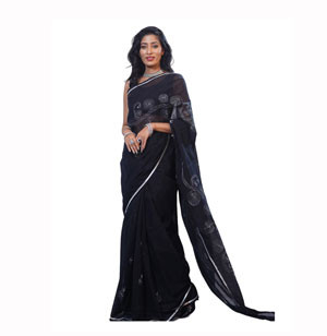 Embroidered Black Color Half Silk Sharee For Women