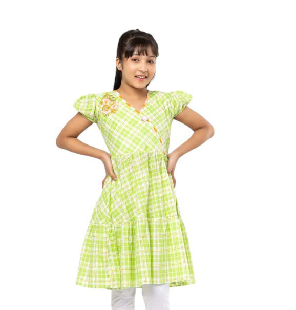 Kids Frocks - Green Check Embroidered Cotton Frock