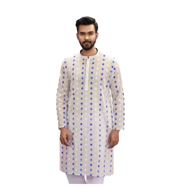White Colour Printed Cotton Regular fit  Panjabi For Men