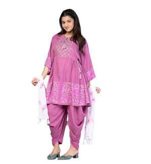 Girls Kids - Onion Pink Printed and Embroidered Linen Shalwar Kameez