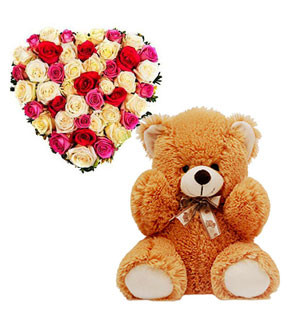 Heartfelt Harmony: Teddy Bear and Valentine Heart Roses Bouquet