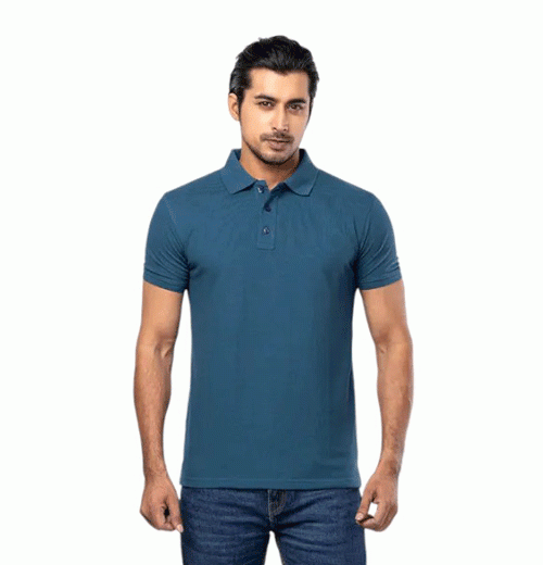 Dark Teal Mixed Cotton Polo Shirt For Men