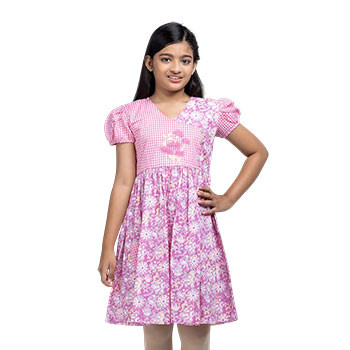 Kids Frocks  -  White/Pink Check and Printed Cotton Frock