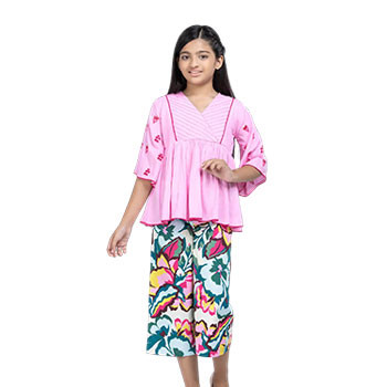 Pant Top Set  -  Pink Embroidered Linen Pant Top Set