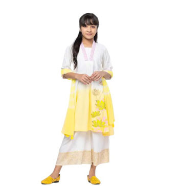 Girls Kids -  White/Yellow Printed and Embroidered Linen Ghagra Choli Set