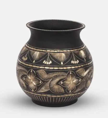Showpiece  -  Black Engraved Brass Ghoti Pot