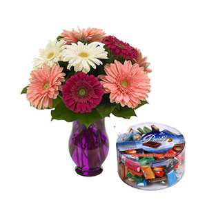 Sweet Petal Delight: Gerbera and Chocolate Arrangement with Vase