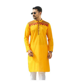 Printed yellow cotton regular fit ekchat Panjabi For Men