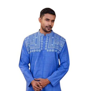 Short Panjabi -  Blue color embroidered design cotton Panjabi