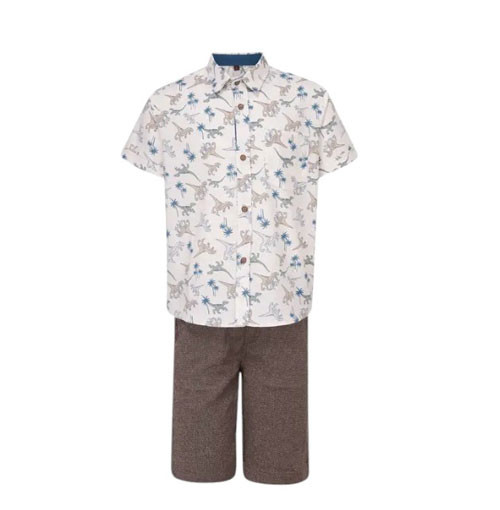 Toddler Boy - White Printed Cotton Shirt Pant Set