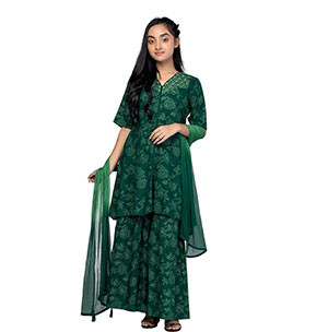 Girls Kids - Green Printed and Embroidered Linen Shalwar Kameez