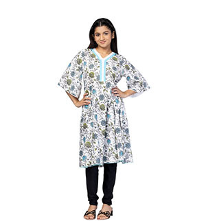 Girls Kids - White Printed Linen Frock
