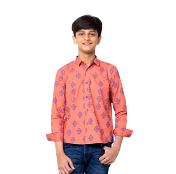 Boy Kids - Salmon Pink Printed Cotton Shirt