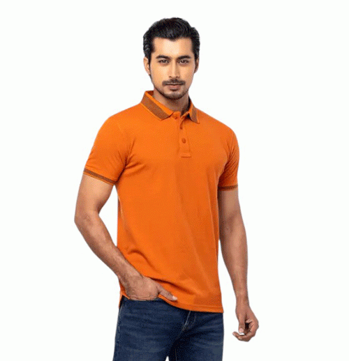Burnt Orange Mixed Cotton Polo Shirt For Men