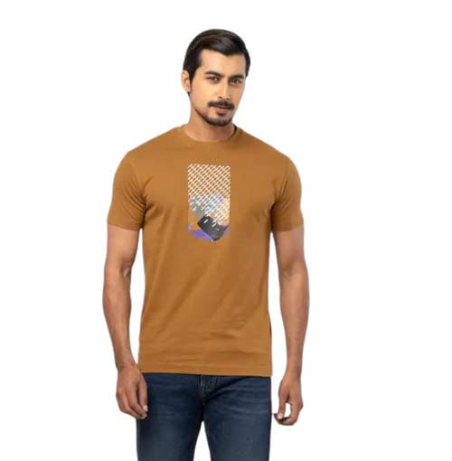 Brown Printed Cotton T-Shirt For Men
