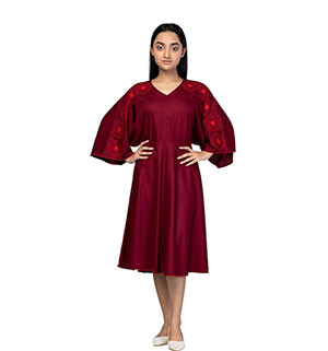 Girls Kids - Maroon Textured and Embroidered Mixed Cotton Frock