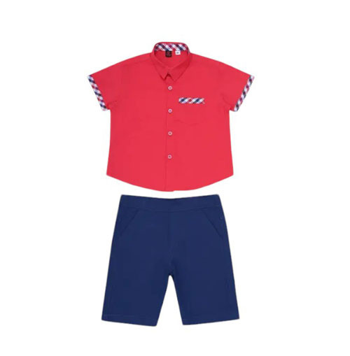 Baby Boys - Red Printed Linen Shirt Pant Set