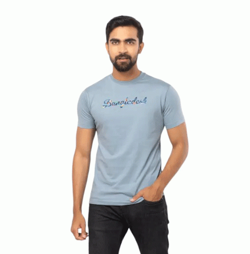 Slate Blue Printed Cotton T-Shirt For Men