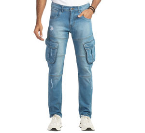 Premium Ripped Denim Semi Fit Cargo  Blue Pant For Men