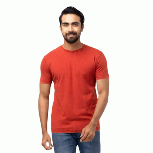 Brick Red Dyed Cotton T-Shirt For Men