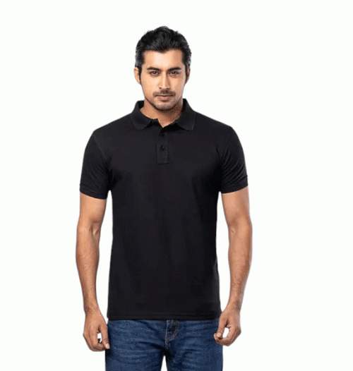 Black Mixed Cotton Polo Shirt For Men