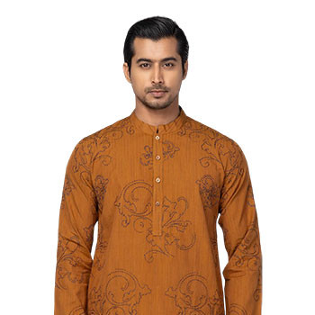 Brown Printed and Embroidered Cotton Slim Fit Panjabi