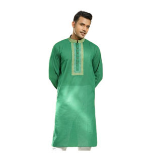 Multicolour printed green cotton ekchat Panjabi For Men