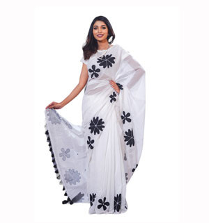 Aplic Work White Color Sharee For Women