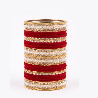Royal Crimson & Gold Velvet Diamond Churi Set