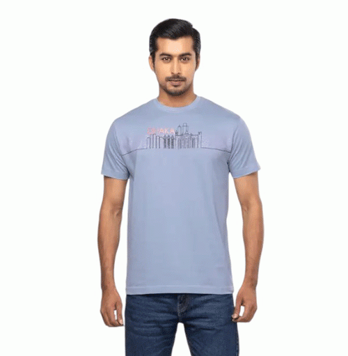 Blue-Grey Printed Cotton T-Shirt For Men