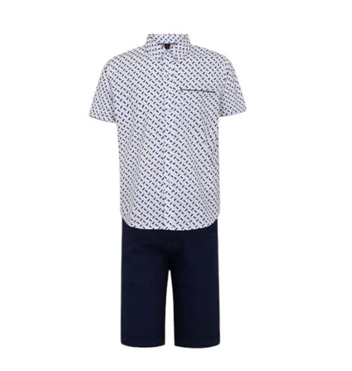 Toddler Boy -  White Printed Cotton Shirt Pant Set