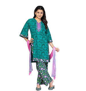 Girls Kids - Green Printed and Embroidered Linen Shalwar Kameez