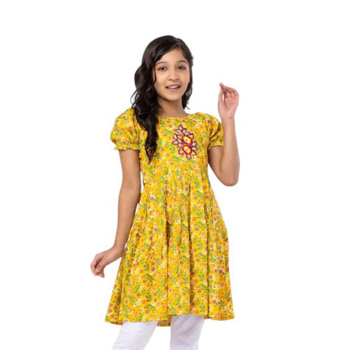 Kids Frocks - Yellow Printed and Embroidered Cotton Frock