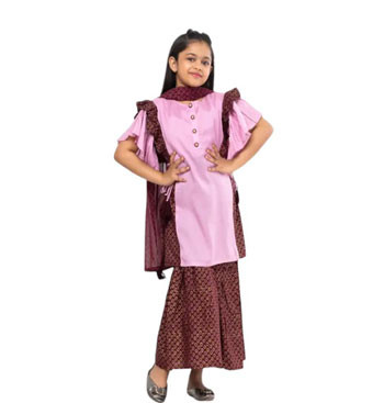 Girls Kids -  Onion Pink Printed Mixed Cotton Shalwar Kameez
