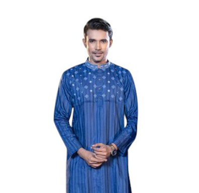Short Panjabi -  Blue color embroidered design cotton Panjabi